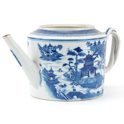 1773 - Chinese blue and white porcelain teapot hand painted with a mountainous river landscape with pagodas... 