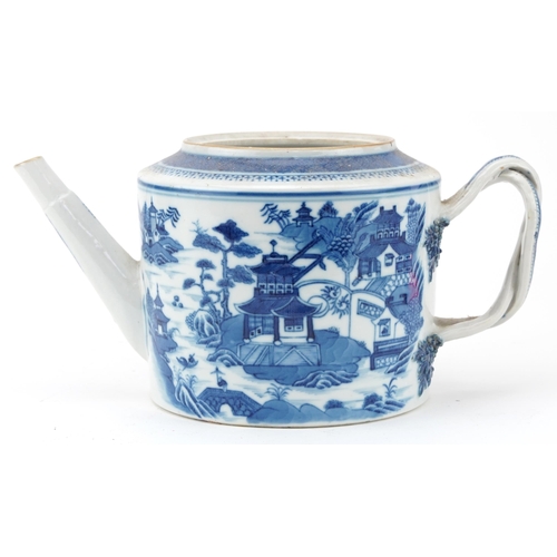 1773 - Chinese blue and white porcelain teapot hand painted with a mountainous river landscape with pagodas... 