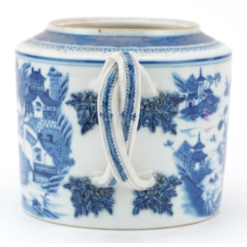 1773 - Chinese blue and white porcelain teapot hand painted with a mountainous river landscape with pagodas... 