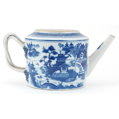 1773 - Chinese blue and white porcelain teapot hand painted with a mountainous river landscape with pagodas... 