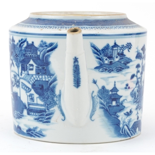 1773 - Chinese blue and white porcelain teapot hand painted with a mountainous river landscape with pagodas... 