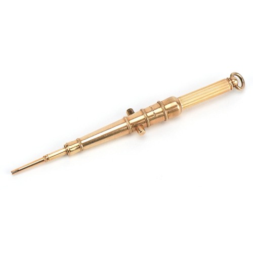 Victorian unmarked gold propelling pencil in the form of a cannon barrel, retailed by W S Hicks, 5cm in length when closed, 8.8g