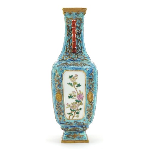 152 - Chinese porcelain blue ground vase with iron red animalia handles finely hand painted in the famille... 