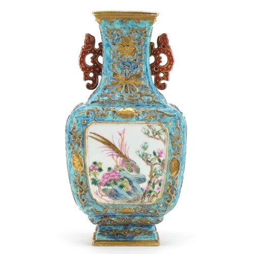 152 - Chinese porcelain blue ground vase with iron red animalia handles finely hand painted in the famille... 