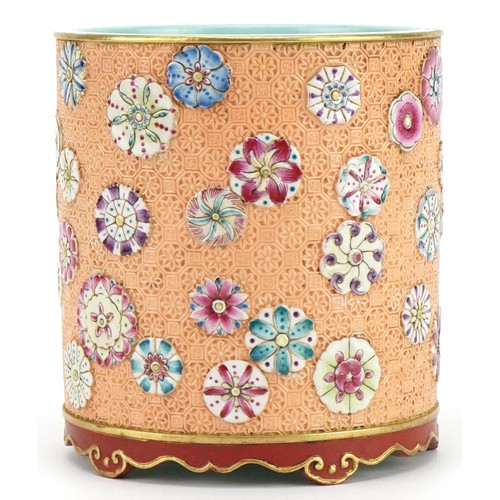 12 - Chinese porcelain cylindrical brush pot hand painted in the famille rose palette and decorated in lo... 