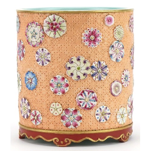12 - Chinese porcelain cylindrical brush pot hand painted in the famille rose palette and decorated in lo... 