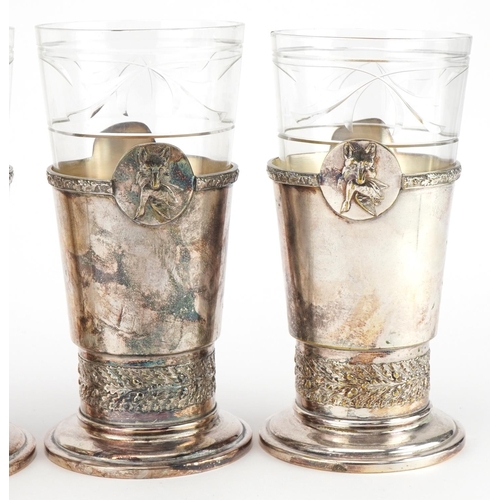 524 - Five French  hunting interest cut glasses with silver plated holders cast with animal heads, each im... 