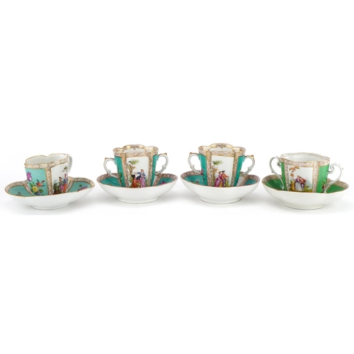 Augustus Rex, four German porcelain quatrefoil cups with saucers hand painted with lovers and flowers, the largest 14.5cm wide