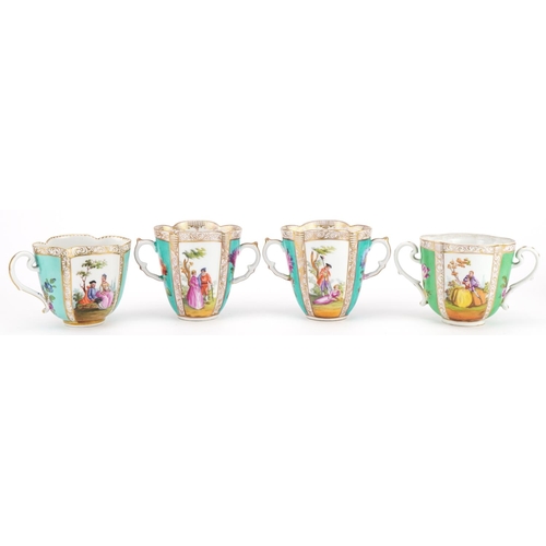 476 - Augustus Rex, four German porcelain quatrefoil cups with saucers hand painted with lovers and flower... 