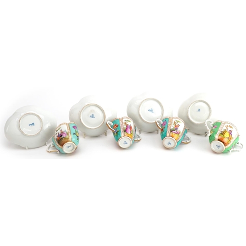 476 - Augustus Rex, four German porcelain quatrefoil cups with saucers hand painted with lovers and flower... 