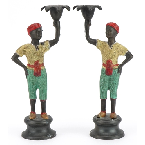 400 - After Franz Xaver Bergmann, pair of Austrian style cold painted bronzed blackamoor candlesticks, eac... 