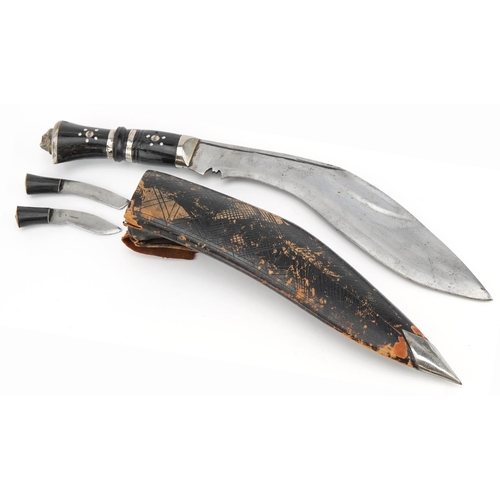 713 - Military interest Gurkha's kukri knife with horn handle and leather sheath, 36cm in length