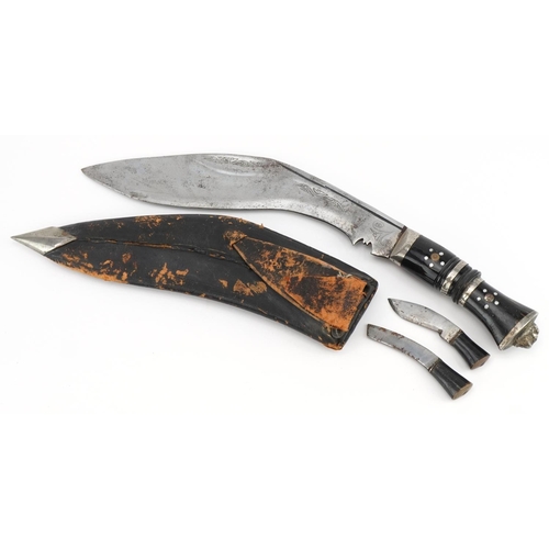 713 - Military interest Gurkha's kukri knife with horn handle and leather sheath, 36cm in length