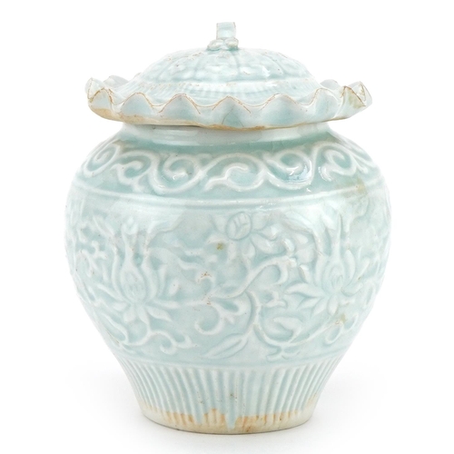 1466 - Chinese or Korean porcelain jar and cover having a celadon glaze decorated in low relief with flower... 