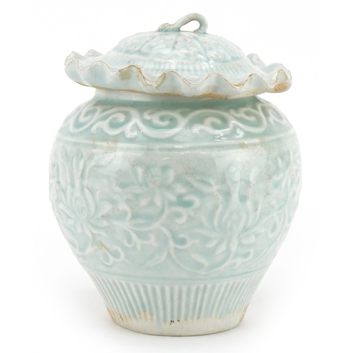 1466 - Chinese or Korean porcelain jar and cover having a celadon glaze decorated in low relief with flower... 