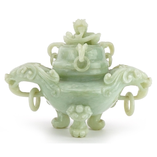 Chinese carved green hardstone lidded tripod censer with ring turned dragon handles, 19.5cm wide