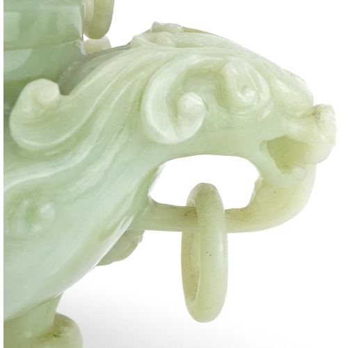 518 - Chinese carved green hardstone lidded tripod censer with ring turned dragon handles, 19.5cm wide