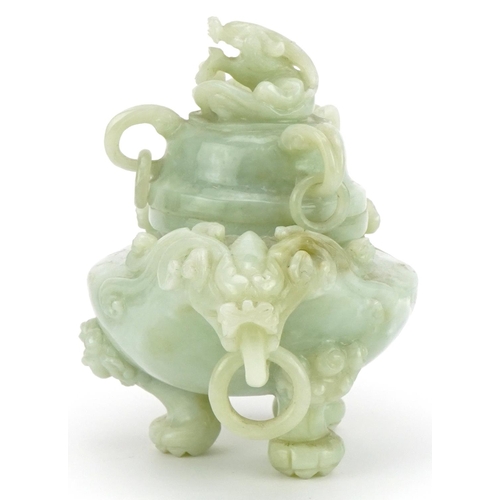 518 - Chinese carved green hardstone lidded tripod censer with ring turned dragon handles, 19.5cm wide