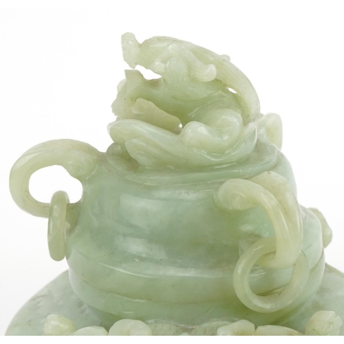 518 - Chinese carved green hardstone lidded tripod censer with ring turned dragon handles, 19.5cm wide