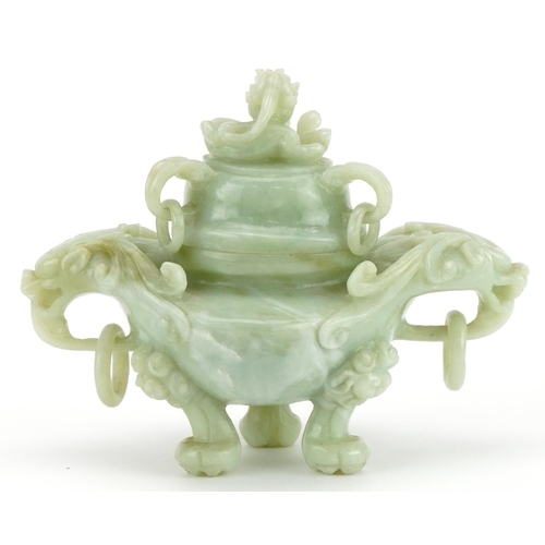 518 - Chinese carved green hardstone lidded tripod censer with ring turned dragon handles, 19.5cm wide