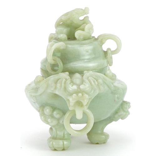 518 - Chinese carved green hardstone lidded tripod censer with ring turned dragon handles, 19.5cm wide