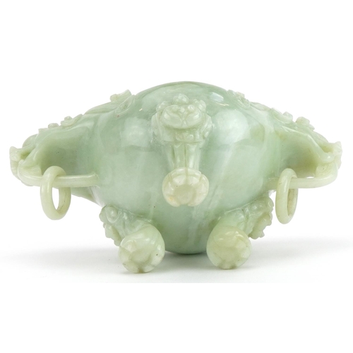 518 - Chinese carved green hardstone lidded tripod censer with ring turned dragon handles, 19.5cm wide