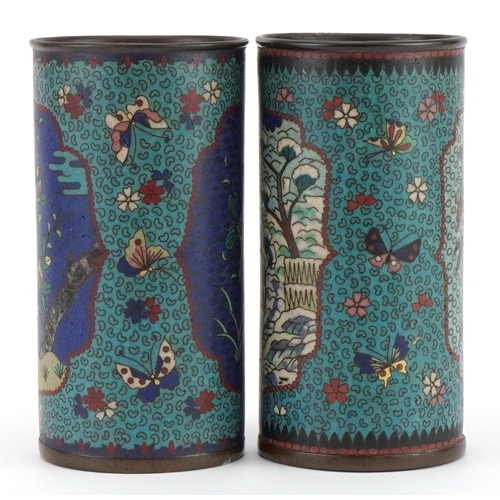 374 - Pair of Japanese cloisonne cylindrical vases enamelled with flowers, each 15.5cm high