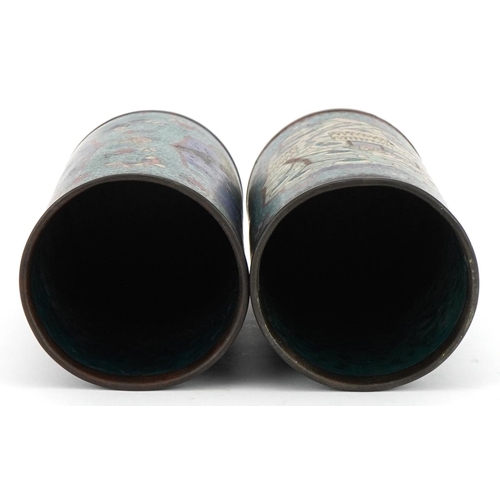 374 - Pair of Japanese cloisonne cylindrical vases enamelled with flowers, each 15.5cm high