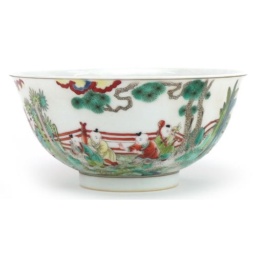 512 - Chinese porcelain bowl hand painted in the famille verte palette with children playing in a palace s... 