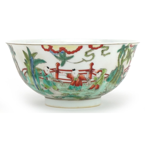 512 - Chinese porcelain bowl hand painted in the famille verte palette with children playing in a palace s... 