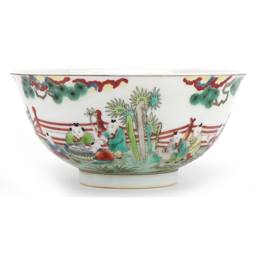 512 - Chinese porcelain bowl hand painted in the famille verte palette with children playing in a palace s... 