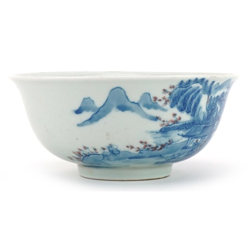 1487 - Chinese blue and white with iron red porcelain bowl hand painted with a continuous river landscape, ... 