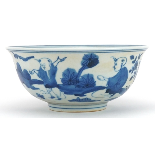 1479 - Chinese blue and white porcelain bowl hand painted with children in a landscape, six figure characte... 