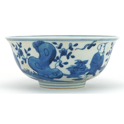 1479 - Chinese blue and white porcelain bowl hand painted with children in a landscape, six figure characte... 