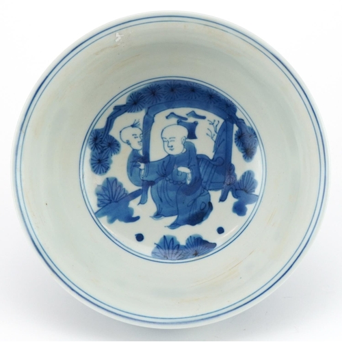 1479 - Chinese blue and white porcelain bowl hand painted with children in a landscape, six figure characte... 