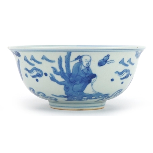 1406 - Chinese blue and white porcelain bowl hand painted with figures and animals above crashing waves, si... 