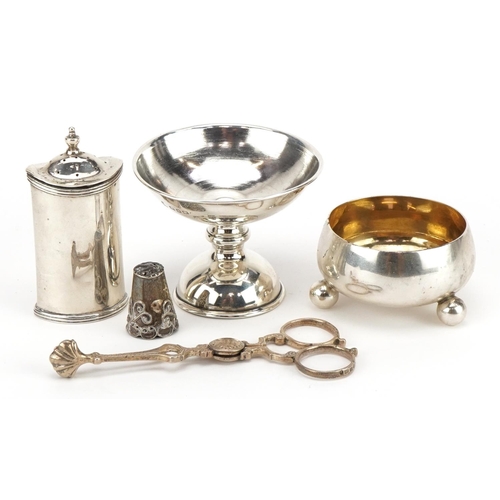 278 - Victorian and later silver including a pair of sugar tongs, caster and open salt, the largest 10.5cm... 