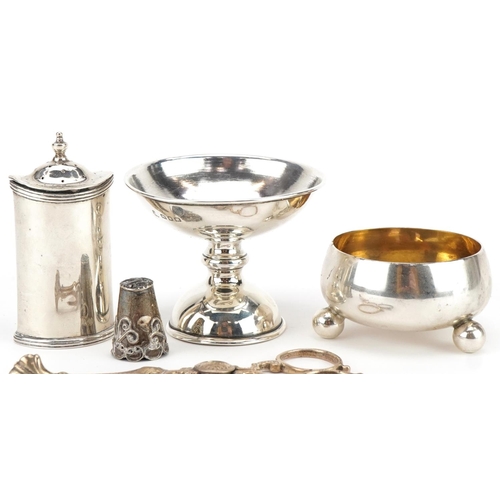 278 - Victorian and later silver including a pair of sugar tongs, caster and open salt, the largest 10.5cm... 