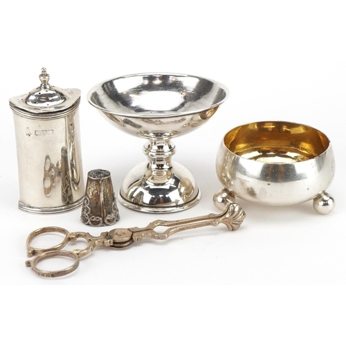 278 - Victorian and later silver including a pair of sugar tongs, caster and open salt, the largest 10.5cm... 