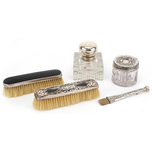 390 - Antique and later silver mounted objects including Art Nouveau tortoiseshell clothes brush and squar... 