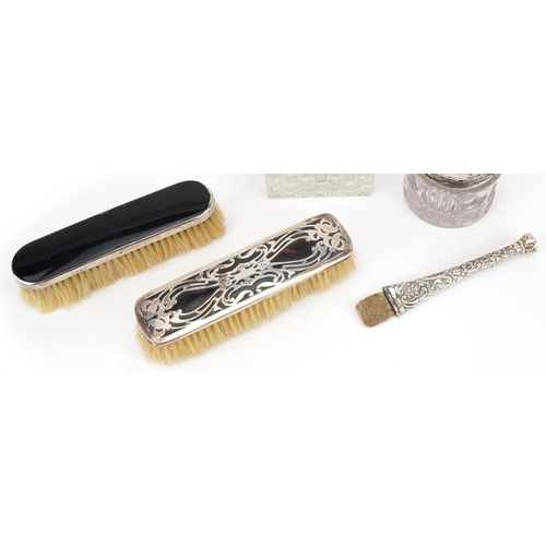 390 - Antique and later silver mounted objects including Art Nouveau tortoiseshell clothes brush and squar... 