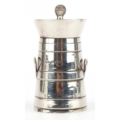 94 - Hilliard & Thomason, Edwardian silver peppermill in the form of a milk churn, Birmingham 1903, 8.5cm... 