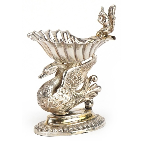 Continental unmarked silver pedestal sweetmeat dish in the form of a swan surmounted with a shell bowl and squirrel, 9.5cm high, 64.0g