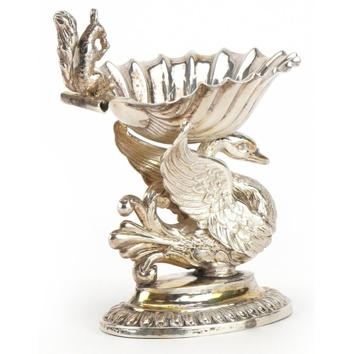 276 - Continental unmarked silver pedestal sweetmeat dish in the form of a swan surmounted with a shell bo... 