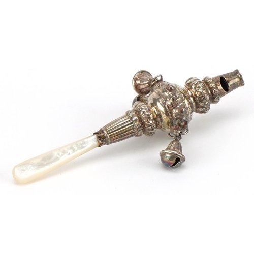 277 - E S Barnsley & Co, Victorian silver baby's rattle whistle with mother of pearl handle, Birmingham 18... 