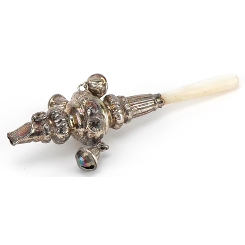 277 - E S Barnsley & Co, Victorian silver baby's rattle whistle with mother of pearl handle, Birmingham 18... 