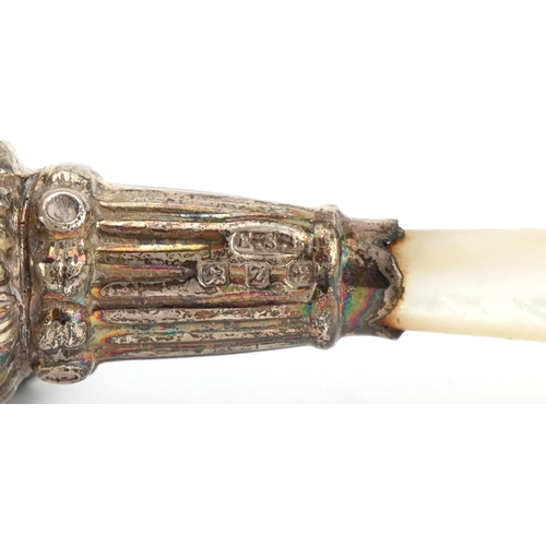 277 - E S Barnsley & Co, Victorian silver baby's rattle whistle with mother of pearl handle, Birmingham 18... 