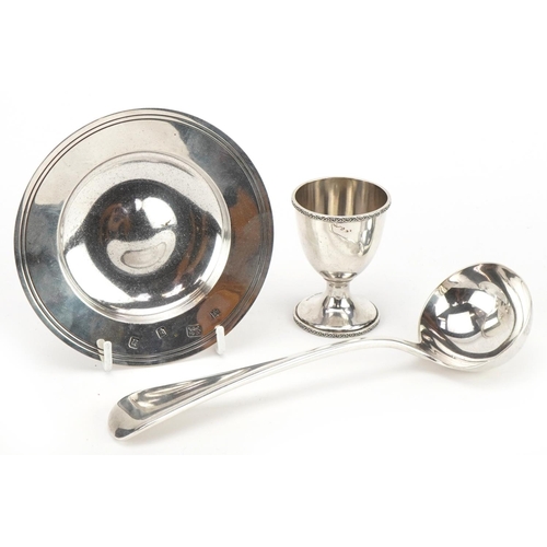 98 - Silver and white metal objects comprising Carrs circular dish, silver eggcup and silver plated ladle... 