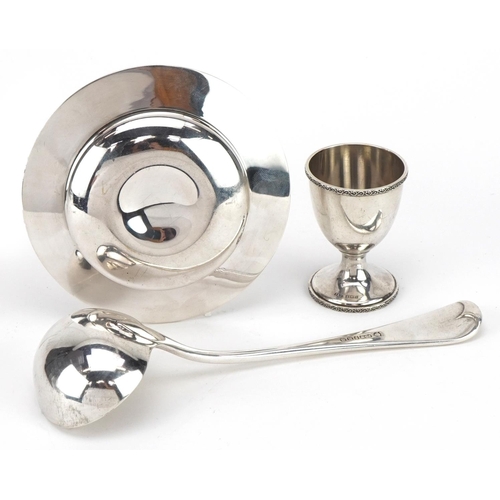 98 - Silver and white metal objects comprising Carrs circular dish, silver eggcup and silver plated ladle... 