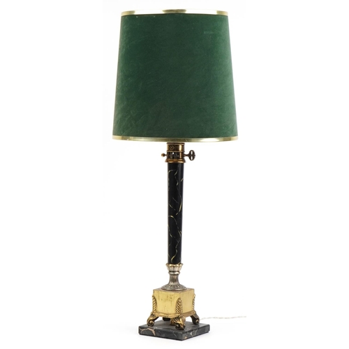 401 - Classical brass column table lamp with shade on square portico marble base, 78.5cm high